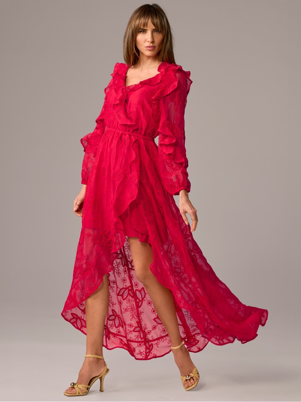 Boston Proper Red Embroidered Lace High Low Dress Long Sleeve